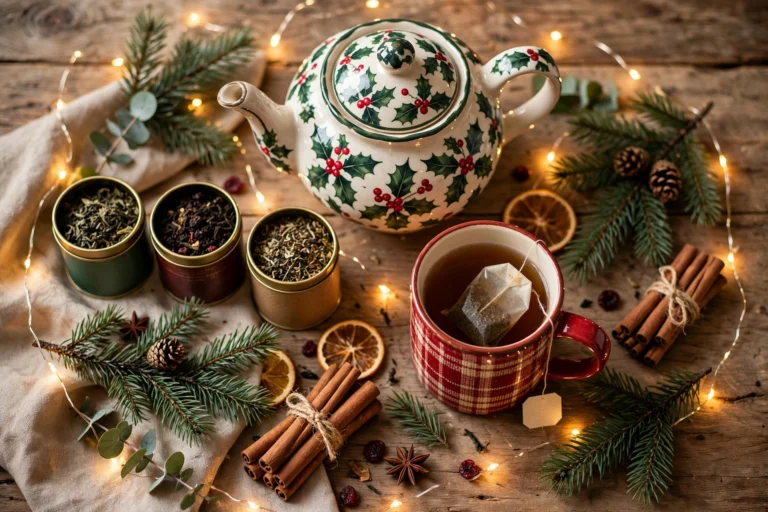 Christmas tea gift flat-lay with holly teapot, tea tins, and a festive mug