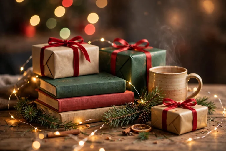 Wrapped Christmas gifts, books and a warm mug with fairy lights