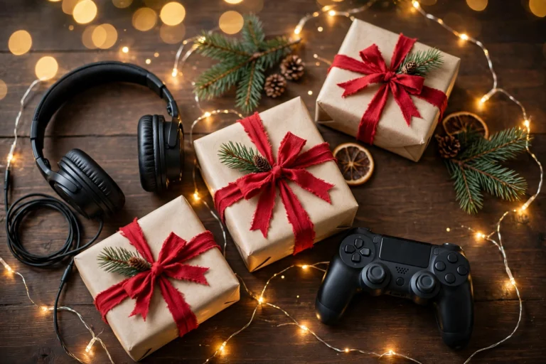 Christmas gifts for teen boys: wrapped presents, game controller and headphones with fairy lights