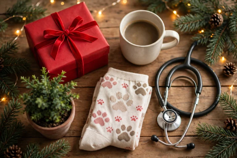 Christmas gifts for veterinarians flat lay with mug, stethoscope and gift box