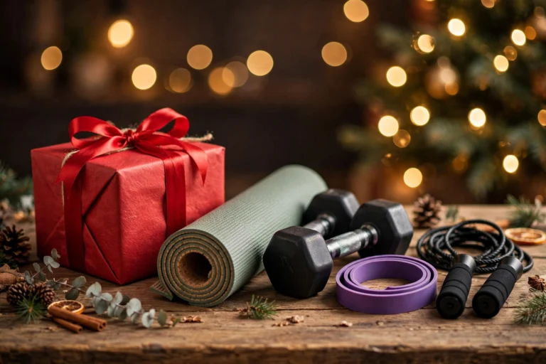 Christmas gift box with fitness gear and holiday lights