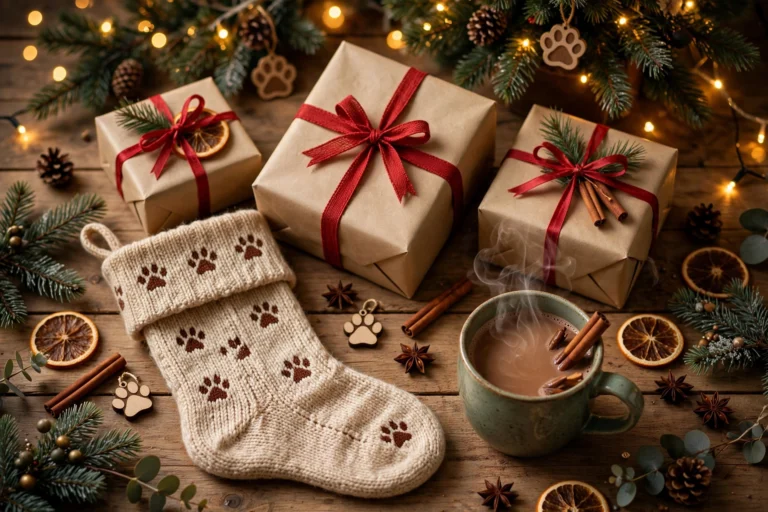 Christmas gifts with paw-print stocking, wrapped presents and hot cocoa